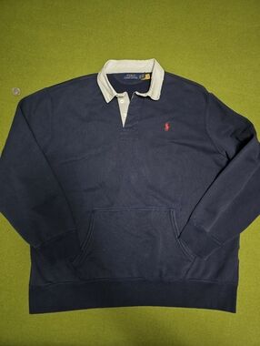 Polo by Ralph Lauren Navy Rugby Sweatshirt with White Collar and Red Pony